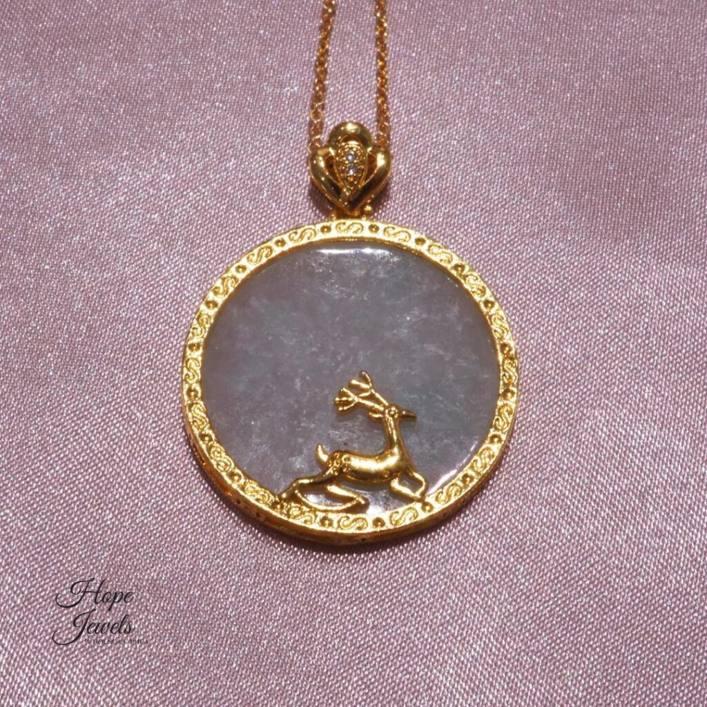 Deer & Gold-Plated Setting Jade Pendant - Grade A Jadeite